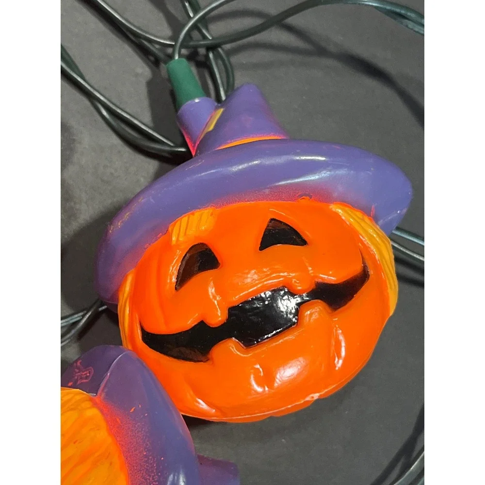 Vintage Halloween Pumpkin Witch Hat String Lights Blow Mold 10 Count Orange